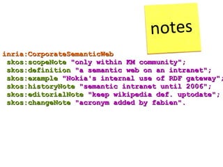 notes inria:CorporateSemanticWeb skos:scopeNote  "only within KM community"; skos:definition  "a semantic web on an intranet"; skos:example  "Nokia's internal use of RDF gateway"; skos:historyNote  "semantic intranet until 2006"; skos:editorialNote  "keep wikipedia def. uptodate"; skos:changeNote  "acronym added by fabien". 