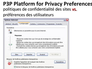 P3P  Platform for Privacy Preferences  <ul><li>politiques de confidentialité des sites  vs. préférences des utilisateurs <...
