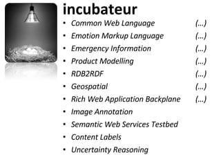 incubateur <ul><li>Common Web Language  (…) </li></ul><ul><li>Emotion Markup Language  (…) </li></ul><ul><li>Emergency Inf...