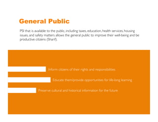 General Public
PSI that is available to the public, including taxes, education, health services, housing
issues, and safety matters allows the general public to improve their well-being and be
productive citizens (Sharif).	





                     Inform citizens of their rights and responsibilities	


                        Educate them/provide opportunities for life-long learning	


             Preserve cultural and historical information for the future	
  
 