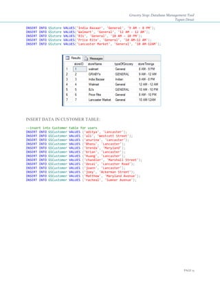 Grocery Stop: Database Management Tool
Tapan Desai
PAGE 13
INSERT INTO GSstore VALUES('India Bazaar', 'General', '9 AM - 8 PM');
INSERT INTO GSstore VALUES('Walmart', 'General', '12 AM - 12 AM');
INSERT INTO GSstore VALUES('BJs', 'General', '10 AM - 10 PM');
INSERT INTO GSstore VALUES('Price Rite', 'General', '10 AM-12 AM');
INSERT INTO GSstore VALUES('Lancaster Market', 'General', '10 AM-12AM');
INSERT DATA IN CUSTOMER TABLE:
--insert into Customer table for users
INSERT INTO GSCustomer VALUES ('aditya', 'Lancaster');
INSERT INTO GSCustomer VALUES ('ali', 'Westcott Street');
INSERT INTO GSCustomer VALUES ('anurina', 'Lancaster');
INSERT INTO GSCustomer VALUES ('Bhanu', 'Lancaster');
INSERT INTO GSCustomer VALUES ('brenda', 'Maryland');
INSERT INTO GSCustomer VALUES ('brian', 'Lancaster');
INSERT INTO GSCustomer VALUES ('Huang', 'Lancaster');
INSERT INTO GSCustomer VALUES ('chandler', 'Marshall Street');
INSERT INTO GSCustomer VALUES ('desai', 'Lancaster Road');
INSERT INTO GSCustomer VALUES ('joann', 'Lancaster');
INSERT INTO GSCustomer VALUES ('joey', 'Ackerman Street');
INSERT INTO GSCustomer VALUES ('Matthew', 'Maryland Avenue');
INSERT INTO GSCustomer VALUES ('racheal', 'Sumner Avenue');
 
