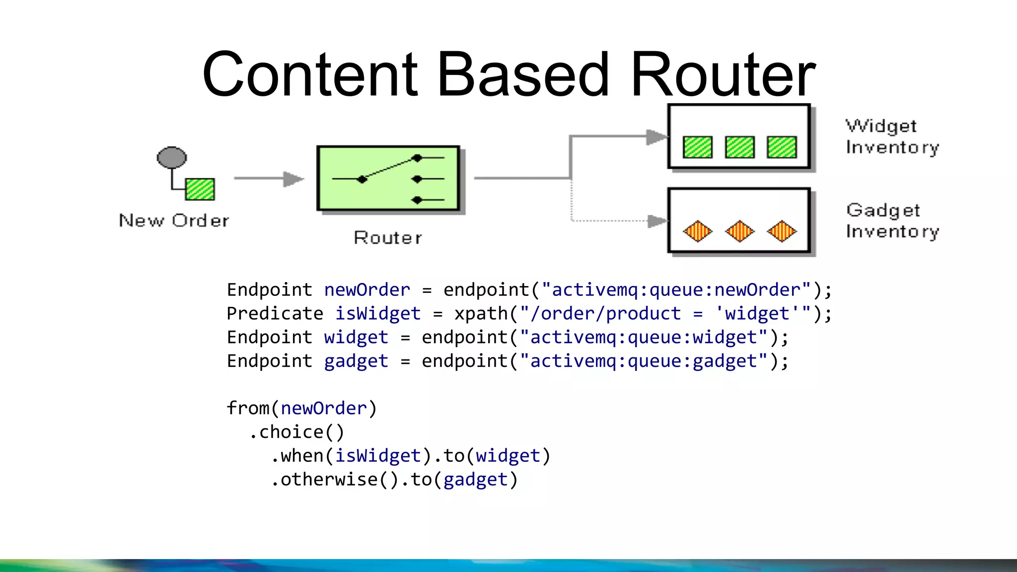Content Based Router
Endpoint newOrder = endpoint("activemq:queue:newOrder");
Predicate isWidget = xpath("/order/product = 'widget'");
Endpoint widget = endpoint("activemq:queue:widget");
Endpoint gadget = endpoint("activemq:queue:gadget");
from(newOrder)
.choice()
.when(isWidget).to(widget)
.otherwise().to(gadget)
 