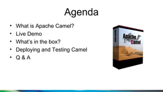 Agenda
• What is Apache Camel?
• Live Demo
• What’s in the box?
• Deploying and Testing Camel
• Q & A
 