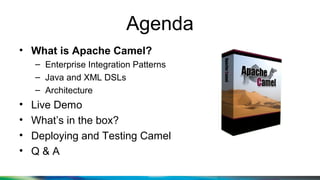 Agenda
• What is Apache Camel?
– Enterprise Integration Patterns
– Java and XML DSLs
– Architecture
• Live Demo
• What’s in the box?
• Deploying and Testing Camel
• Q & A
 