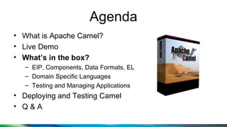 Agenda
• What is Apache Camel?
• Live Demo
• What’s in the box?
– EIP, Components, Data Formats, EL
– Domain Specific Languages
– Testing and Managing Applications
• Deploying and Testing Camel
• Q & A
 