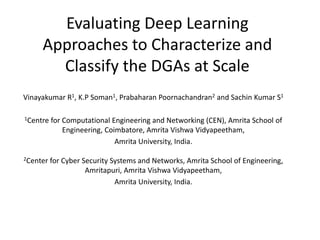 Evaluating Deep Learning
Approaches to Characterize and
Classify the DGAs at Scale
Vinayakumar R1, K.P Soman1, Prabaharan Poornachandran2 and Sachin Kumar S1
1Centre for Computational Engineering and Networking (CEN), Amrita School of
Engineering, Coimbatore, Amrita Vishwa Vidyapeetham,
Amrita University, India.
2Center for Cyber Security Systems and Networks, Amrita School of Engineering,
Amritapuri, Amrita Vishwa Vidyapeetham,
Amrita University, India.
 
