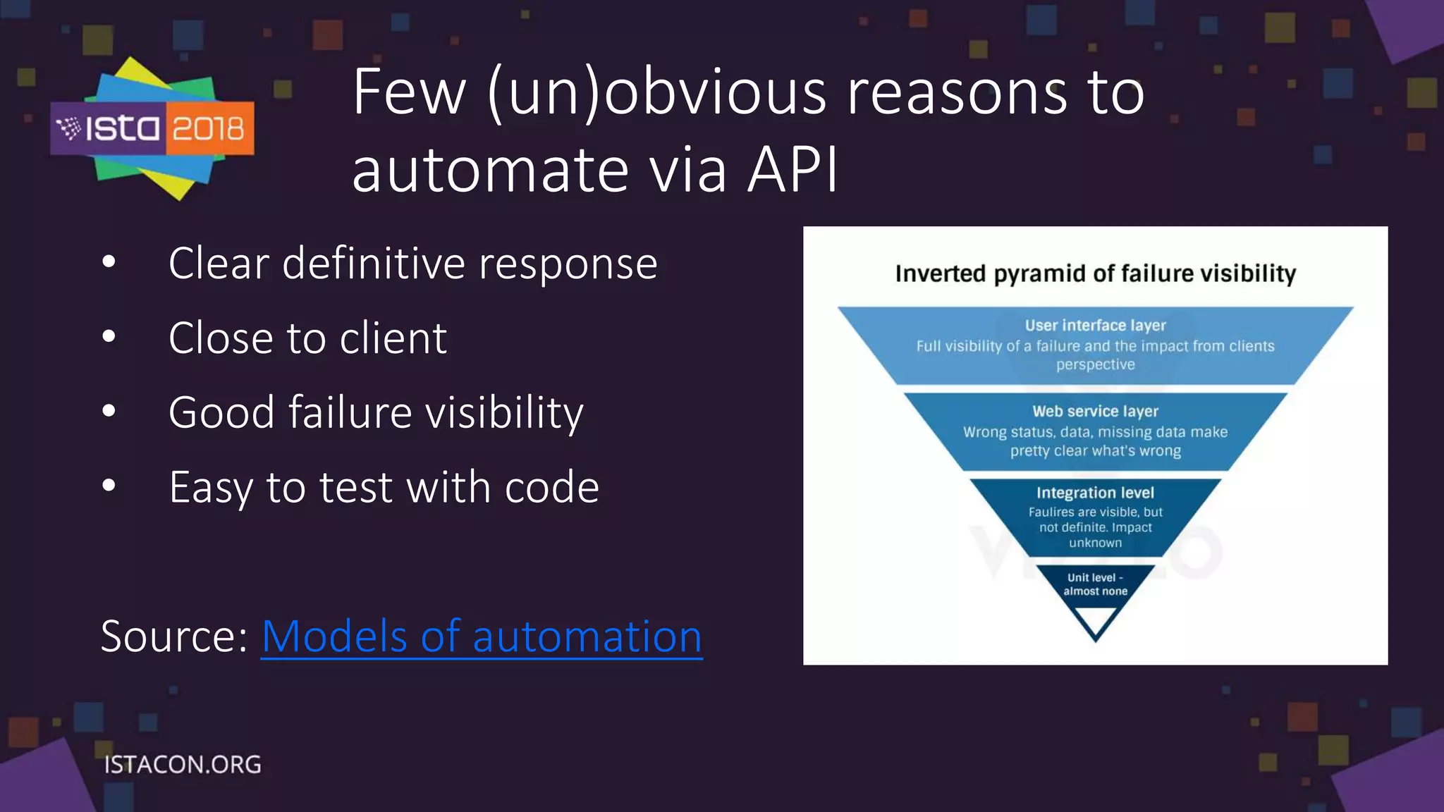 Few (un)obvious reasons to
automate via API
• Clear definitive response
• Close to client
• Good failure visibility
• Easy to test with code
Source: Models of automation
 