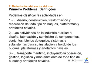 2. Delimitación del sector del mar 
Primeiro Problema: Definições 
Podemos clasificar las actividades en: 
1.- El diseño, construcción, trasformación y 
reparación de todo tipo de buques, plataformas y 
artefactos navales. 
2.- Las actividades de la industria auxiliar: el 
diseño, fabricación y suministro de componentes, 
conjuntos, bienes de equipo, sistemas y 
subsistemas para su instalación a bordo de los 
buques, plataformas y artefactos navales. 
3.- El transporte marítimo, incluyendo la operación, 
gestión, logística y mantenimiento de todo tipo de 
buques y artefactos navales. 
 