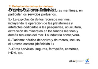 2. Delimitación del sector del mar 
Primeiro 4.- La explPortaocbiólenm dae: iDnferafiensiçtrõuecsturas marítimas, en 
particular los servicios portuarios. 
5.- La explotación de los recursos marinos, 
incluyendo la operación de las plataformas y 
artefactos dedicados a las pesquerías, acuicultura, 
extracción de minerales en los fondos marinos y 
demás recursos del mar. La industria conservera. 
6.-Turismo: náutica deportiva y de recreo, incluso 
el turismo costero (definición 1) 
7.-Otros servicios: seguros, formación, comercio, 
I+D+i, etc. 
 