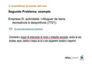 3. Cuantificar el sector del mar 
Segundo Problema: exemplo 
Empresa D: actividade ->Aluguer de bens 
recreativos e desportivos (7721) 
 