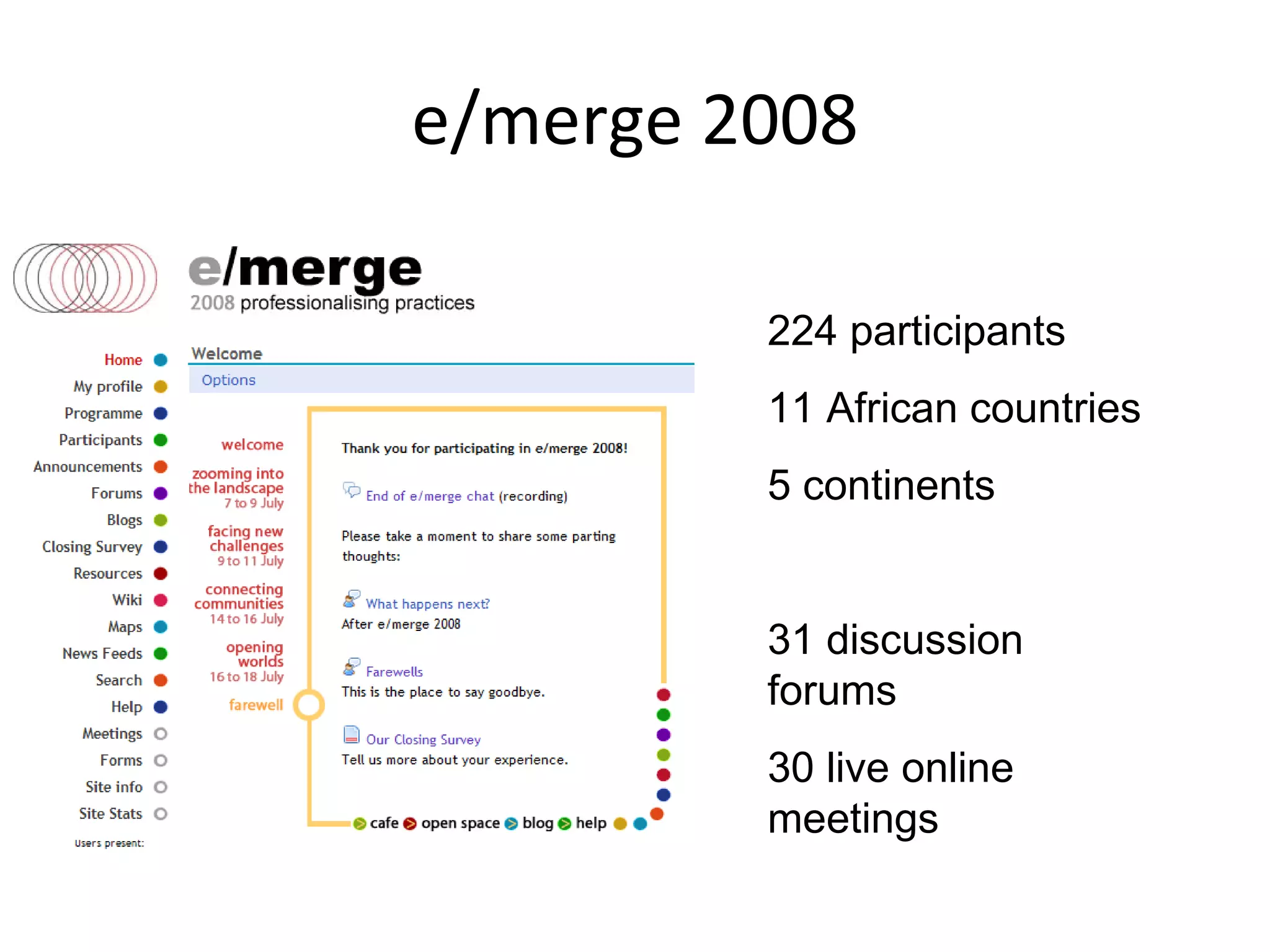 e/merge 2008 224 participants 11 African countries 5 continents 31 discussion forums 30 live online meetings 