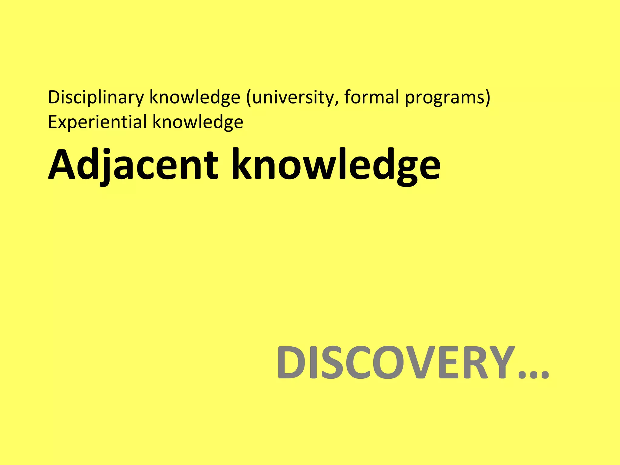 Disciplinary knowledge (university, formal programs) Experiential knowledge Adjacent knowledge   DISCOVERY… 