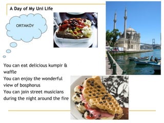 A Day of My Uni Life ORTAKÖY You can eat delicious kumpir & waffle You can enjoy the wonderful  view of bosphorus  You can join street musicians  during the night around the fire 