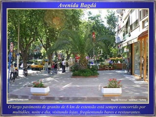 O largo pavimento de granito de 6 km de extensão está sempre concorrido por multidões, noite e dia, visitando lojas, freqüentando bares e restaurantes. Avenida Bagdá  