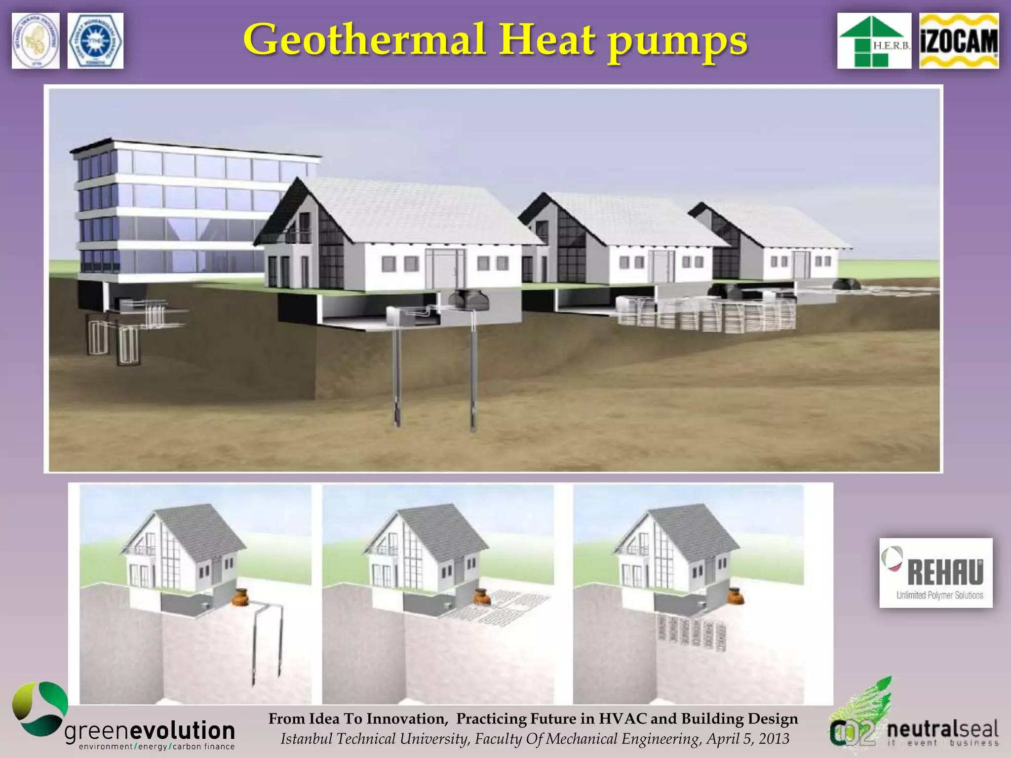 Geothermal Heat pumps




 From Idea To Innovation, Practicing Future in HVAC and Building Design
   Istanbul Technical University, Faculty Of Mechanical Engineering, April 5, 2013
 