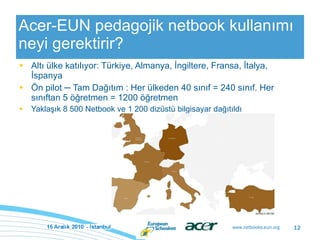 Acer-EUN pedagojik netbook kullanımı neyi gerektirir? Altı ülke katılıyor: Türkiye, Almanya, İngiltere, Fransa, İtalya, İspanya Ön pilot ─ Tam Dağıtım : Her ülkeden 40 sınıf = 240 sınıf. Her sınıftan 5 öğretmen = 1200 öğretmen  Yaklaşık 8 500 Netbook ve 1 200 dizüstü bilgisayar dağıtıldı 