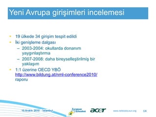 Yeni Avrupa girişimleri incelemesi 19 ülkede 34 girişim tespit edildi İki genişleme dalgası 2003-2004: okullarda donanım yaygınlaştırma 2007-2008: daha bireyselleştirilmiş bir yaklaşım 1:1 üzerine OECD YBÖ  http://www.bildung.at/nml-conference2010/  raporu 