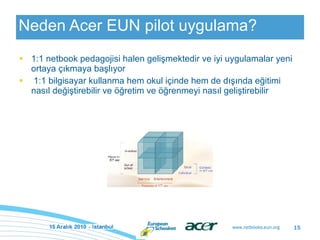 Neden Acer EUN pilot uygulama? 1:1 netbook pedagojisi halen gelişmektedir ve iyi uygulamalar yeni ortaya çıkmaya başlıyor    1:1 bilgisayar kullanma hem okul içinde hem de dışında eğitimi nasıl değiştirebilir ve öğretim ve öğrenmeyi nasıl geliştirebilir 