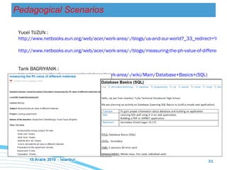 Y u cel T U Z UN  :  http://www.netbooks.eun.org/web/acer/work-area/-/blogs/us-and-our-world?_33_redirect=%2Fweb%2Facer%2Fwork-area   http://www.netbooks.eun.org/web/acer/work-area/-/blogs/measuring-the-ph-value-of-different-materials?_33_redirect=%2Fweb%2Facer%2Fwork-area   Tar i k BA G RIYANIK :  http://www.netbooks.eun.org/web/acer/work-area/-/wiki/Main/Database+Basics+(SQL)   Pedagogical Scenarios 
