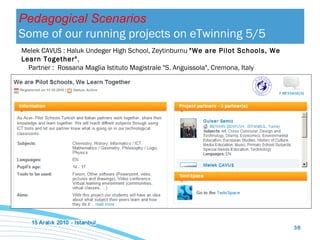 Melek  CA VU S  :   Haluk Undeger  High School, Zeytinburnu   "We are Pilot Schools, We Learn Together" ,    Partner :  Rossana Maglia Istituto Magistrale "S. Anguissola", Cremona, Italy  Pedagogical Scenarios Some of our running projects on eTwinning  5/5 
