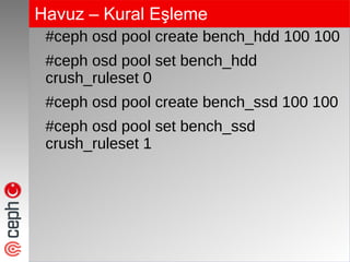 Havuz – Kural Eşleme
#ceph osd pool create bench_hdd 100 100
#ceph osd pool set bench_hdd
crush_ruleset 0
#ceph osd pool create bench_ssd 100 100
#ceph osd pool set bench_ssd
crush_ruleset 1
 