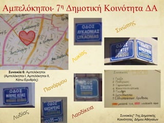 Αμπελόκηποι- 7η Δημοτική Κοινότητα ΔΑ
Συνοικία 6: Αμπελόκηποι
(Αμπελόκηποι Ι, Αμπελόκηποι ΙΙ,
Κάτω Ερυθρός)
Συνοικίες* 7ης Δημοτικής
Κοινότητας Δήμου Αθηναίων
 