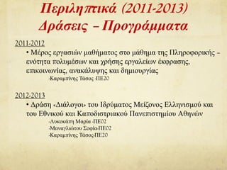 Περιληπτικά (2011-2013)
Δράσεις – Προγράμματα
2011-2012
• Μέρος εργασιών μαθήματος στο μάθημα της Πληροφορικής –
ενότητα πολυμέσων και χρήσης εργαλείων έκφρασης,
επικοινωνίας, ανακάλυψης και δημιουργίας
-Καραμπίνης Τάσος -ΠΕ20
2012-2013
• Δράση «Διάλογοι» του Ιδρύματος Μείζονος Ελληνισμού και
του Εθνικού και Καποδιστριακού Πανεπιστημίου Αθηνών
-Λυκοκάπη Μαρία -ΠΕ02
-Μαναγλιώτου Σοφία-ΠΕ02
-Καραμπίνης Τάσος-ΠΕ20
 