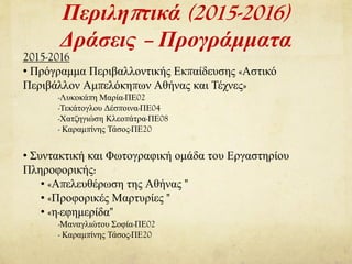 Περιληπτικά (2015-2016)
Δράσεις – Προγράμματα
2015-2016
• Πρόγραμμα Περιβαλλοντικής Εκπαίδευσης «Αστικό
Περιβάλλον Αμπελόκηπων Αθήνας και Τέχνες»
-Λυκοκάπη Μαρία-ΠΕ02
-Τεκάτογλου Δέσποινα-ΠΕ04
-Χατζηγιώση Κλεοπάτρα-ΠΕ08
- Καραμπίνης Τάσος-ΠΕ20
• Συντακτική και Φωτογραφική ομάδα του Εργαστηρίου
Πληροφορικής:
• «Απελευθέρωση της Αθήνας "
• «Προφορικές Μαρτυρίες "
• «η-εφημερίδα"
-Μαναγλιώτου Σοφία-ΠΕ02
- Καραμπίνης Τάσος-ΠΕ20
 