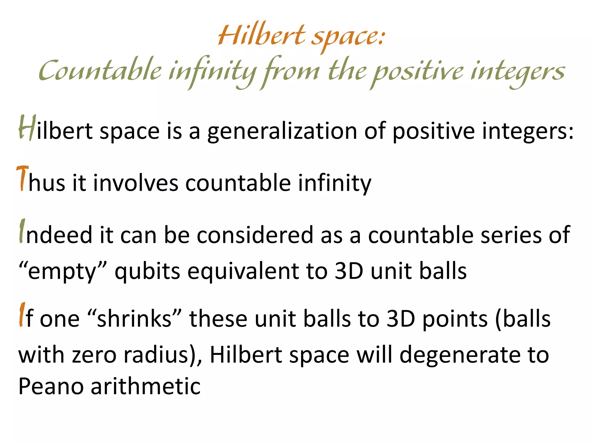 Hilbert space is a generalization of positive integers:
Thus it involves countable infinity
Indeed it can be considered as a countable series of
“empty” qubits equivalent to 3D unit balls
If one “shrinks” these unit balls to 3D points (balls
with zero radius), Hilbert space will degenerate to
Peano arithmetic
 