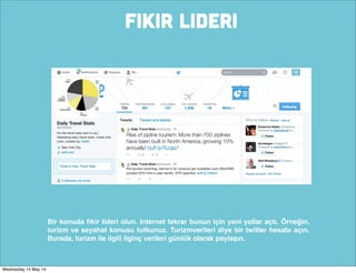 FIKIR LIDERI
Bir konuda ﬁkir lideri olun. Internet tekrar bunun için yeni yollar açtı. Örneğin,
turizm ve seyahat konusu tutkunuz. Turizmverileri diye bir twitter hesabı açın.
Burada, turizm ile ilgili ilginç verileri günlük olarak paylaşın.
Wednesday 14 May 14
 
