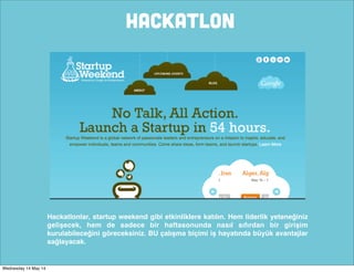 HACKATLON
Hackatlonlar, startup weekend gibi etkinliklere katılın. Hem liderlik yeteneğiniz
gelişecek, hem de sadece bir haftasonunda nasıl sıfırdan bir girişim
kurulabileceğini göreceksiniz. BU çalışma biçimi iş hayatında büyük avantajlar
sağlayacak.
Wednesday 14 May 14
 
