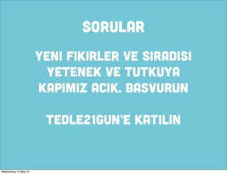 SORULAR
YENI FIKIRLER ve SIRADISI
YETENEK ve Tutkuya
KAPIMIZ ACIK. BASVURUN
TEDLE21GUN’e KATILIN
Wednesday 14 May 14
 