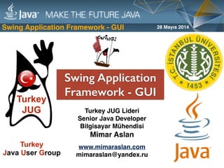 Swing Application Framework - GUI
Swing Application
Framework - GUI
28 Mayıs 2014
Turkey JUG Lideri 
Senior Java Developer
Bilgisayar Mühendisi  
Mimar Aslan 
 
www.mimaraslan.com
mimaraslan@yandex.ru
Turkey  
Java User Group
 