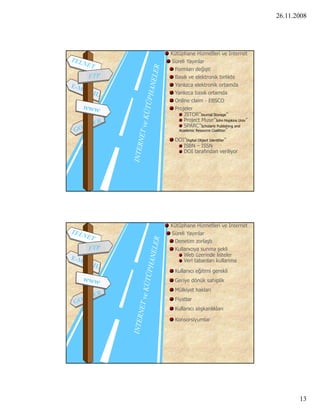 26.11.2008




Kütüphane Hizmetleri ve Internet
Süreli Yayınlar
 Formları değişti
 Basılı ve elektronik birlikte
 Yanlızca elektronik ortamda
 Yanlızca basılı ortamda
 Online claim - EBSCO
 Projeler
     JSTOR”Journal Storage”
     Project Muse”John Hopkins Univ”
     SPARC”Scholarly Publishing and
   Academic Resource Coalition”

 DOI”Digital Object Identifier”
    ISBN – ISSN
    DOI tarafından veriliyor




Kütüphane Hizmetleri ve Internet
Süreli Yayınlar
 Denetim zorlaştı
 Kullanıcıya sunma şekli
     Web üzerinde listeler
     Veri tabanları kullanma
 K ll       ğiti i     kli
 Kullanıcı eğitimi gerekli
 Geriye dönük sahiplik
 Mülkiyet hakları
 Fiyatlar
 Kullanıcı alışkanlıkları

 Konsorsiyumlar




                                              13
 