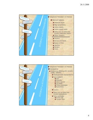 26.11.2008




Kütüphane Hizmetleri ve Internet

   Materyal Sağlama
       Materyal Seçim
       Bilgi tamamlama
       Online sipariş
       Online sipariş takibi
       Daha ucuz ve daha kısa
       sürede materyale ulaşım
       Bütçe Yönetimi

       Amazon
       Barnes and Noble
       Books in Print
       Ideefixe
       Borders
       Acses




Kütüphane Hizmetleri ve Internet
Katolaglama
 Uluslararası Bibliyografik Denetim
 (ISBD, ISBDER)
     Kataloglamada standartlasma
     Kayıt değişimi
         NUC
         Bibliofile
         OCLC Cat-CD
         CD-MARC
         Online Kataloglar
         Bookwhere
     İş gücü
     Daha ucuz ve daha kısa
     sürede kataloglama
     Toplu katologlar
         BLISS-CAT
         Yordam 2001




                                              8
 