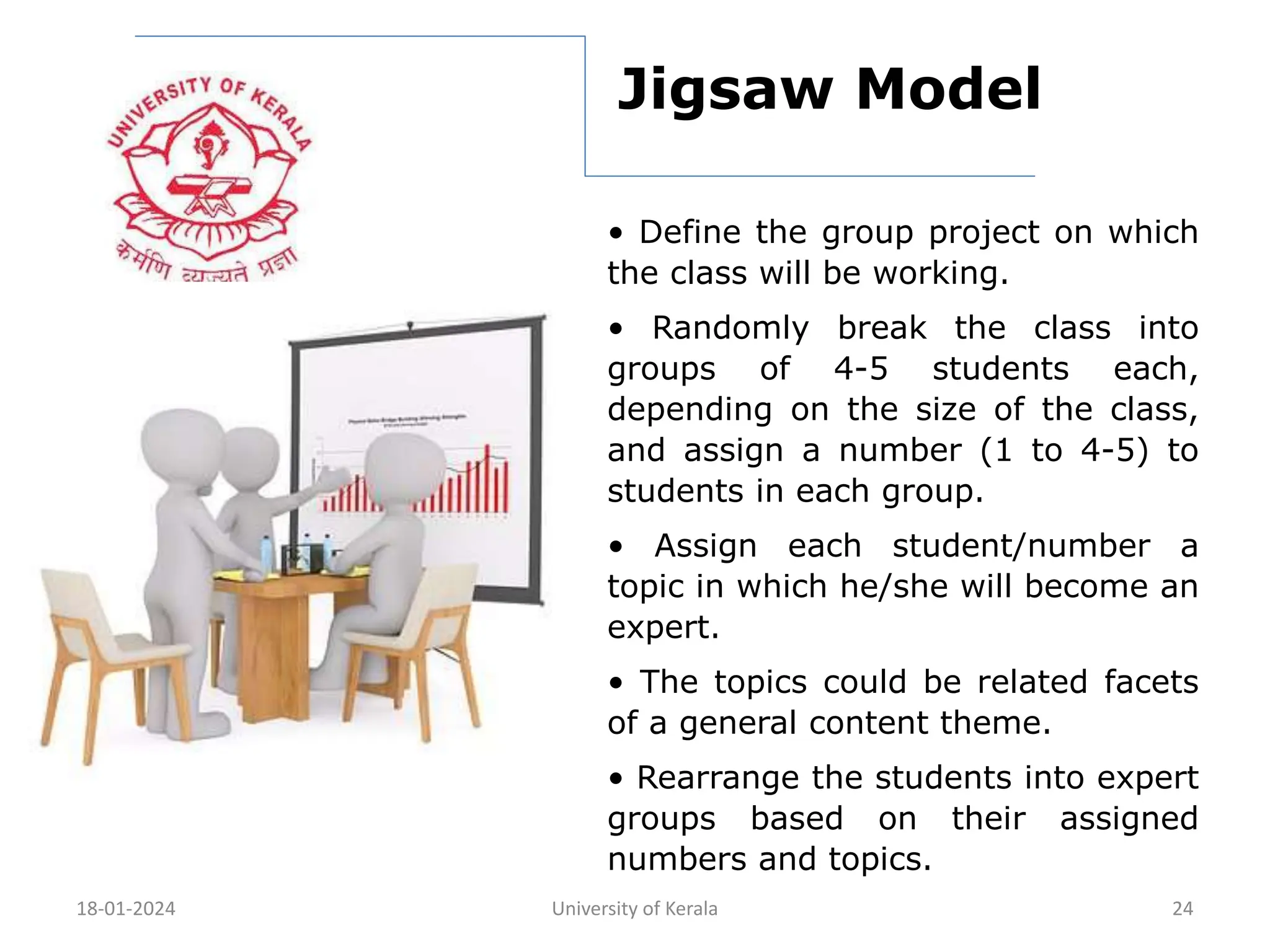 18-01-2024 University of Kerala 24
Jigsaw Model
• Define the group project on which
the class will be working.
• Randomly break the class into
groups of 4-5 students each,
depending on the size of the class,
and assign a number (1 to 4-5) to
students in each group.
• Assign each student/number a
topic in which he/she will become an
expert.
• The topics could be related facets
of a general content theme.
• Rearrange the students into expert
groups based on their assigned
numbers and topics.
 