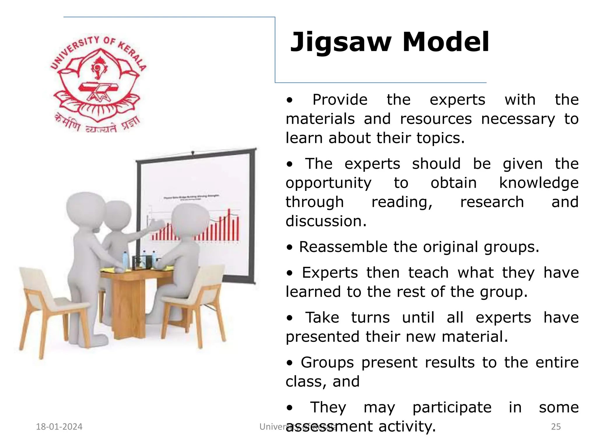 18-01-2024 University of Kerala 25
Jigsaw Model
• Provide the experts with the
materials and resources necessary to
learn about their topics.
• The experts should be given the
opportunity to obtain knowledge
through reading, research and
discussion.
• Reassemble the original groups.
• Experts then teach what they have
learned to the rest of the group.
• Take turns until all experts have
presented their new material.
• Groups present results to the entire
class, and
• They may participate in some
assessment activity.
 