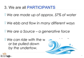 3. We are all PARTICIPANTS
 We are made up of approx. 57% of water

 We ebb and flow in many different ways

 We are a Source – a generative force

 We can ride with the wave and the flow,
  or be pulled down
  by the undertow.
                                            17
 