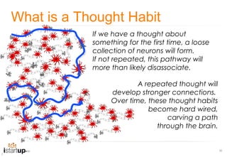 What is a Thought Habit
            If we have a thought about
            something for the first time, a loose
            collection of neurons will form.
            If not repeated, this pathway will
            more than likely disassociate.

                         A repeated thought will
                 develop stronger connections.
                 Over time, these thought habits
                            become hard wired,
                                 carving a path
                              through the brain.


                                                    30
 