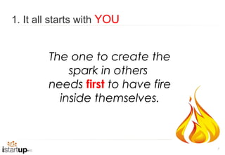 1. It all starts with YOU


        The one to create the
            spark in others
        needs first to have fire
          inside themselves.



                                   7
 