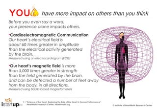 YOU                         have more impact on others than you think
Before you even say a word,
your presence alone impacts others.
Cardioelectromagnetic     Communication
Our heart’s electrical field is
about 60 times greater in amplitude
than the electrical activity generated
by the brain.
Measured using an electrocardiogram (ECG)

Our heart’s magnetic field is more
than 5,000 times greater in strength
than the field generated by the brain,
and can be detected a number of feet away
from the body, in all directions.
Measured using SQUID-based magnetometers



         1 | ”Science of the Heart, Exploring the Role of the Heart in Human Performance”,
                                                                                                                                        8
             HeartMath Research Center, hearthmath.org.                                      © Institute of HeartMath Research Center
 