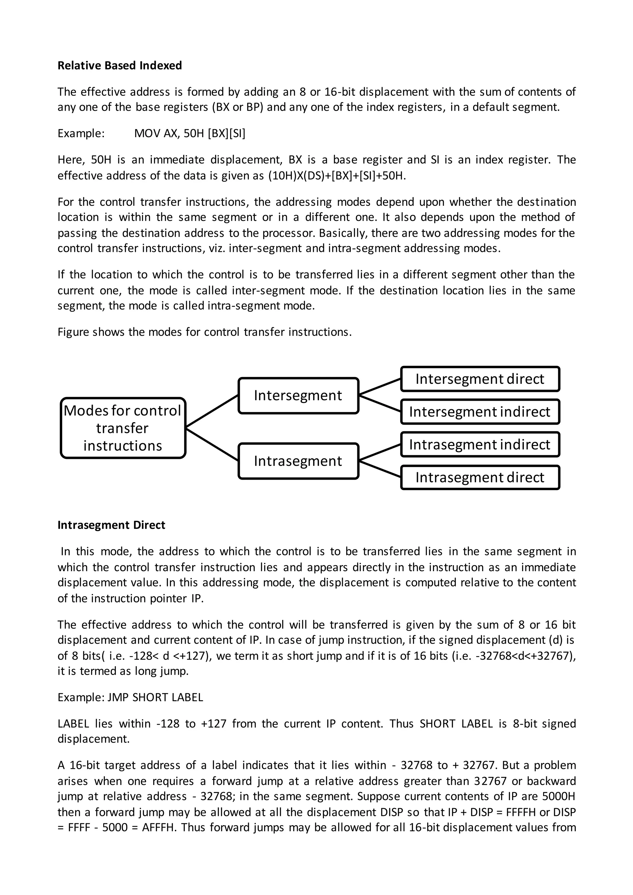 Relative Based Indexed
The effective address is formed by adding an 8 or 16-bit displacement with the sum of contents of
any one of the base registers (BX or BP) and any one of the index registers, in a default segment.
Example: MOV AX, 50H [BX][SI]
Here, 50H is an immediate displacement, BX is a base register and SI is an index register. The
effective address of the data is given as (10H)X(DS)+[BX]+[SI]+50H.
For the control transfer instructions, the addressing modes depend upon whether the destination
location is within the same segment or in a different one. It also depends upon the method of
passing the destination address to the processor. Basically, there are two addressing modes for the
control transfer instructions, viz. inter-segment and intra-segment addressing modes.
If the location to which the control is to be transferred lies in a different segment other than the
current one, the mode is called inter-segment mode. If the destination location lies in the same
segment, the mode is called intra-segment mode.
Figure shows the modes for control transfer instructions.
Intrasegment Direct
In this mode, the address to which the control is to be transferred lies in the same segment in
which the control transfer instruction lies and appears directly in the instruction as an immediate
displacement value. In this addressing mode, the displacement is computed relative to the content
of the instruction pointer IP.
The effective address to which the control will be transferred is given by the sum of 8 or 16 bit
displacement and current content of IP. In case of jump instruction, if the signed displacement (d) is
of 8 bits( i.e. -128< d <+127), we term it as short jump and if it is of 16 bits (i.e. -32768<d<+32767),
it is termed as long jump.
Example: JMP SHORT LABEL
LABEL lies within -128 to +127 from the current IP content. Thus SHORT LABEL is 8-bit signed
displacement.
A 16-bit target address of a label indicates that it lies within - 32768 to + 32767. But a problem
arises when one requires a forward jump at a relative address greater than 32767 or backward
jump at relative address - 32768; in the same segment. Suppose current contents of IP are 5000H
then a forward jump may be allowed at all the displacement DISP so that IP + DISP = FFFFH or DISP
= FFFF - 5000 = AFFFH. Thus forward jumps may be allowed for all 16-bit displacement values from
Modes for control
transfer
instructions
Intersegment
Intersegment direct
Intersegment indirect
Intrasegment
Intrasegment indirect
Intrasegment direct
 