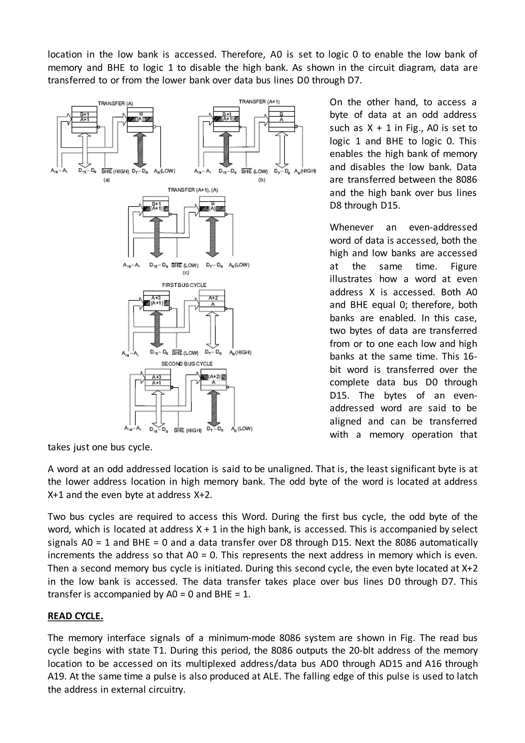 location in the low bank is accessed. Therefore, A0 is set to logic 0 to enable the low bank of
memory and BHE to logic 1 to disable the high bank. As shown in the circuit diagram, data are
transferred to or from the lower bank over data bus lines D0 through D7.
On the other hand, to access a
byte of data at an odd address
such as X + 1 in Fig., A0 is set to
logic 1 and BHE to logic 0. This
enables the high bank of memory
and disables the low bank. Data
are transferred between the 8086
and the high bank over bus lines
D8 through D15.
Whenever an even-addressed
word of data is accessed, both the
high and low banks are accessed
at the same time. Figure
illustrates how a word at even
address X is accessed. Both A0
and BHE equal 0; therefore, both
banks are enabled. In this case,
two bytes of data are transferred
from or to one each low and high
banks at the same time. This 16-
bit word is transferred over the
complete data bus D0 through
D15. The bytes of an even-
addressed word are said to be
aligned and can be transferred
with a memory operation that
takes just one bus cycle.
A word at an odd addressed location is said to be unaligned. That is, the least significant byte is at
the lower address location in high memory bank. The odd byte of the word is located at address
X+1 and the even byte at address X+2.
Two bus cycles are required to access this Word. During the first bus cycle, the odd byte of the
word, which is located at address X + 1 in the high bank, is accessed. This is accompanied by select
signals A0 = 1 and BHE = 0 and a data transfer over D8 through D15. Next the 8086 automatically
increments the address so that A0 = 0. This represents the next address in memory which is even.
Then a second memory bus cycle is initiated. During this second cycle, the even byte located at X+2
in the low bank is accessed. The data transfer takes place over bus lines D0 through D7. This
transfer is accompanied by A0 = 0 and BHE = 1.
READ CYCLE.
The memory interface signals of a minimum-mode 8086 system are shown in Fig. The read bus
cycle begins with state T1. During this period, the 8086 outputs the 20-blt address of the memory
location to be accessed on its multiplexed address/data bus AD0 through AD15 and A16 through
A19. At the same time a pulse is also produced at ALE. The falling edge of this pulse is used to latch
the address in external circuitry.
 