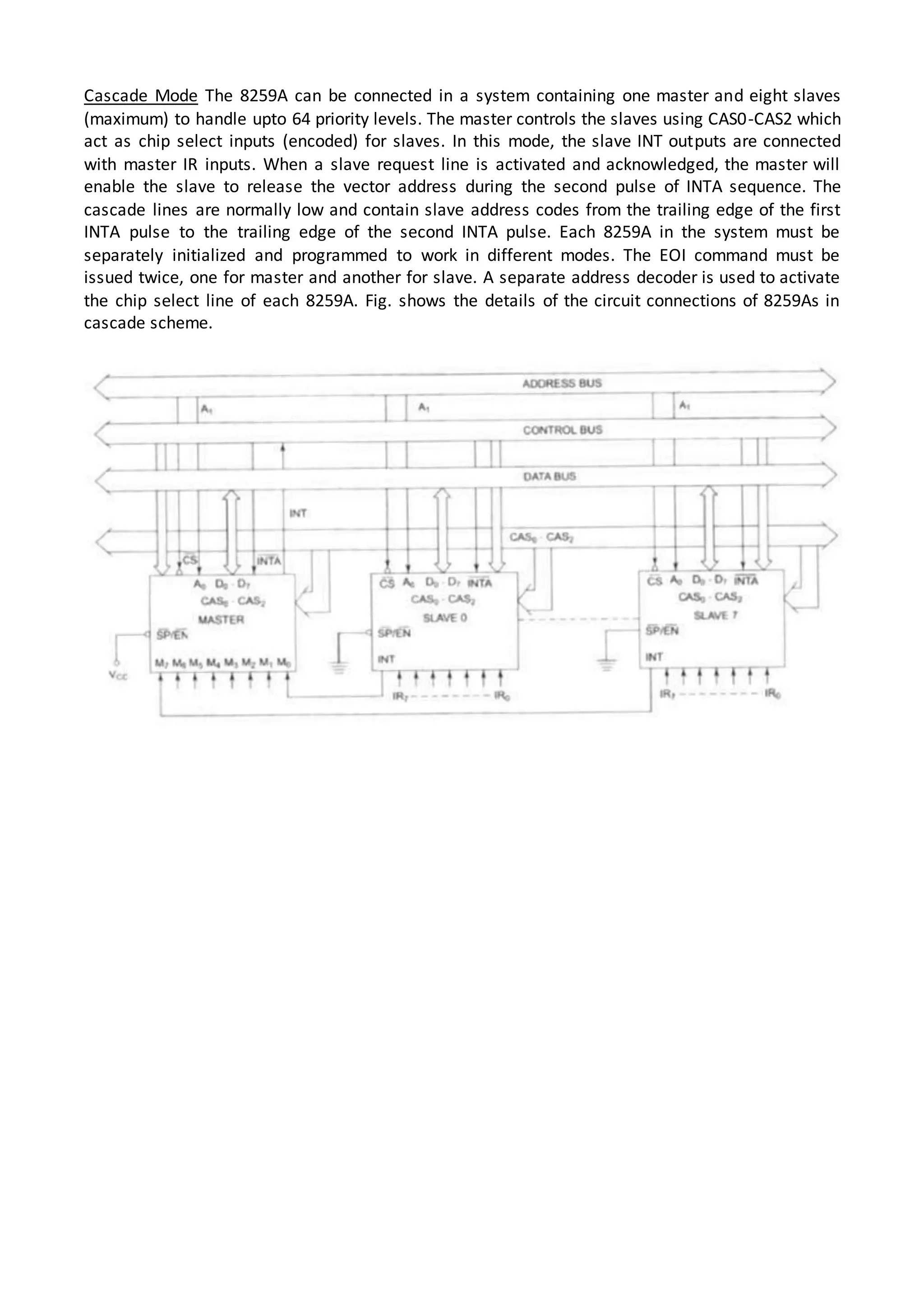 Cascade Mode The 8259A can be connected in a system containing one master and eight slaves
(maximum) to handle upto 64 priority levels. The master controls the slaves using CAS0-CAS2 which
act as chip select inputs (encoded) for slaves. In this mode, the slave INT outputs are connected
with master IR inputs. When a slave request line is activated and acknowledged, the master will
enable the slave to release the vector address during the second pulse of INTA sequence. The
cascade lines are normally low and contain slave address codes from the trailing edge of the first
INTA pulse to the trailing edge of the second INTA pulse. Each 8259A in the system must be
separately initialized and programmed to work in different modes. The EOI command must be
issued twice, one for master and another for slave. A separate address decoder is used to activate
the chip select line of each 8259A. Fig. shows the details of the circuit connections of 8259As in
cascade scheme.
 