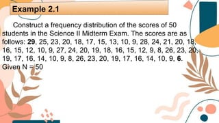 Construct a frequency distribution of the scores of 50
students in the Science II Midterm Exam. The scores are as
follows: 29, 25, 23, 20, 18, 17, 15, 13, 10, 9, 28, 24, 21, 20, 18,
16, 15, 12, 10, 9, 27, 24, 20, 19, 18, 16, 15, 12, 9, 8, 26, 23, 20,
19, 17, 16, 14, 10, 9, 8, 26, 23, 20, 19, 17, 16, 14, 10, 9, 6.
Given N = 50
Example 2.1
 