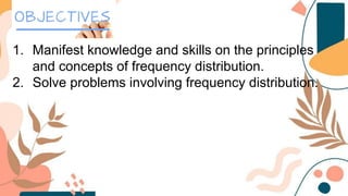 1. Manifest knowledge and skills on the principles
and concepts of frequency distribution.
2. Solve problems involving frequency distribution.
 