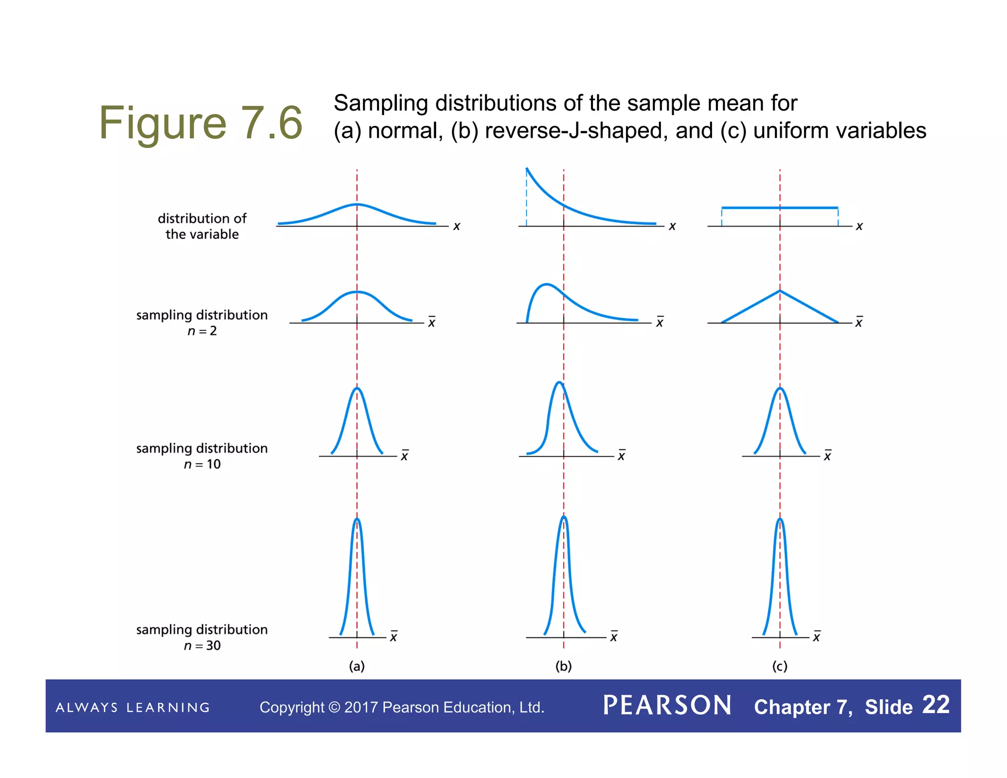 Copyright © 2017 Pearson Education, Ltd. Chapter 7, Slide 22
Figure 7.6
Sampling distributions of the sample mean for
(a) normal, (b) reverse-J-shaped, and (c) uniform variables
 