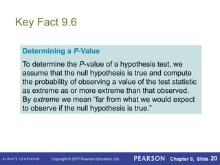 Copyright © 2017 Pearson Education, Ltd. Chapter 9, Slide 20
Key Fact 9.6
Determining a P-Value
To determine the P-value of a hypothesis test, we
assume that the null hypothesis is true and compute
the probability of observing a value of the test statistic
as extreme as or more extreme than that observed.
By extreme we mean “far from what we would expect
to observe if the null hypothesis is true.”
 