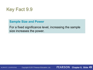 Copyright © 2017 Pearson Education, Ltd. Chapter 9, Slide 49
Key Fact 9.9
Sample Size and Power
For a fixed significance level, increasing the sample
size increases the power.
 