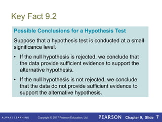 Copyright © 2017 Pearson Education, Ltd. Chapter 9, Slide 7
Key Fact 9.2
Possible Conclusions for a Hypothesis Test
Suppose that a hypothesis test is conducted at a small
significance level.
• If the null hypothesis is rejected, we conclude that
the data provide sufficient evidence to support the
alternative hypothesis.
• If the null hypothesis is not rejected, we conclude
that the data do not provide sufficient evidence to
support the alternative hypothesis.
 